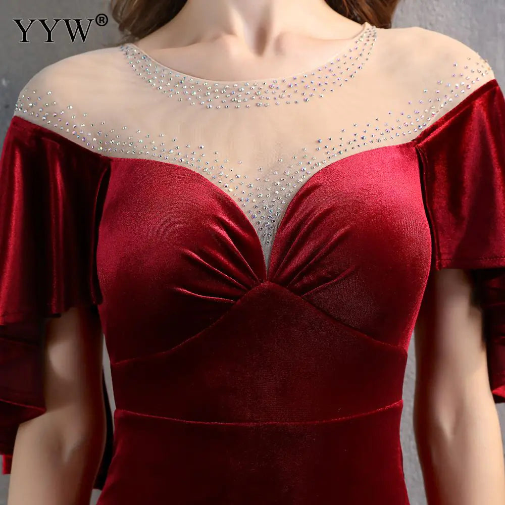 Elegant Burgundy Long Evening Dress with Ruffled Sleeves
