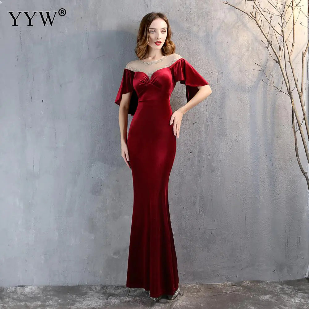 Elegant Burgundy Long Evening Dress with Ruffled Sleeves