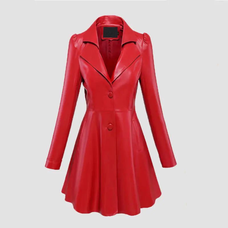 Oversized Long Leather Trench Coat with Large Hem