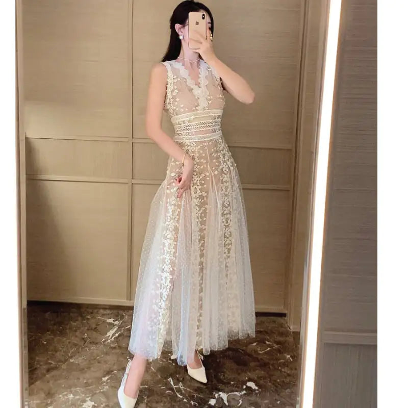 White Dress with Mesh Embroidered Waistband