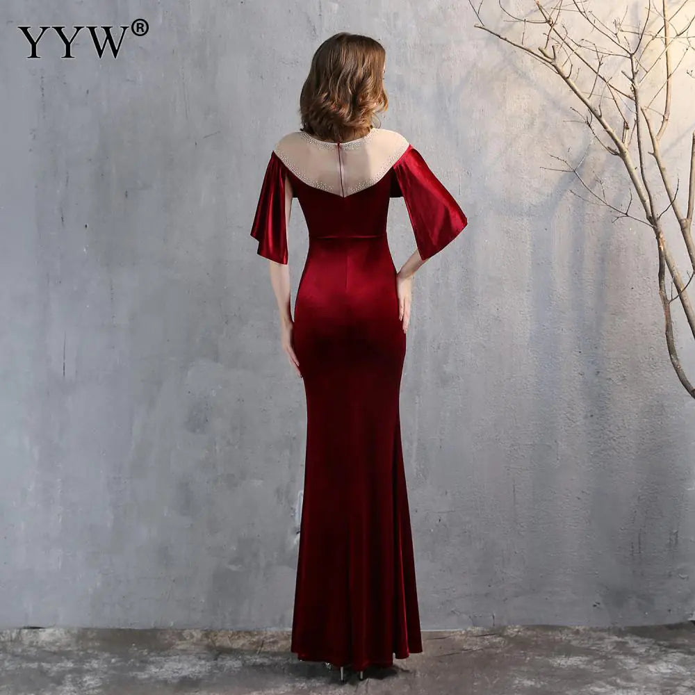 Elegant Burgundy Long Evening Dress with Ruffled Sleeves