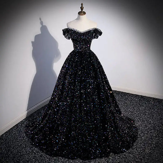 Off-Shoulder Evening Dress with French Sequins