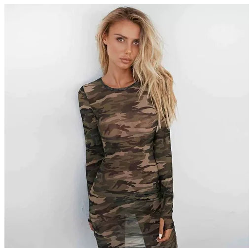 Translucent Camouflage Mesh Dress with High Elasticity