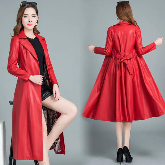 Oversized Long Leather Trench Coat with Large Hem