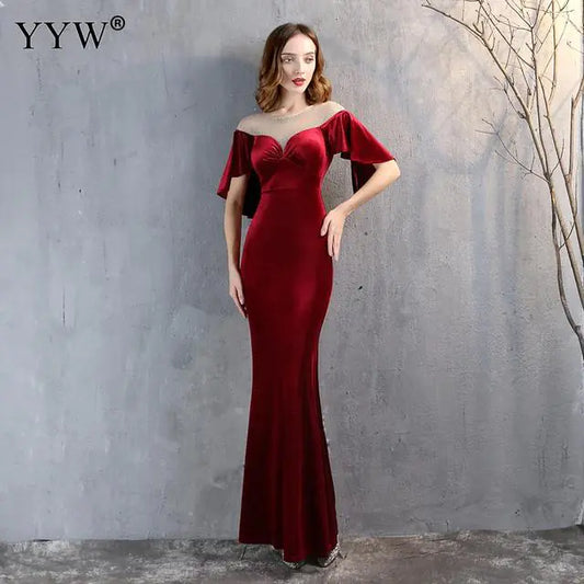 Elegant Burgundy Long Evening Dress with Ruffled Sleeves